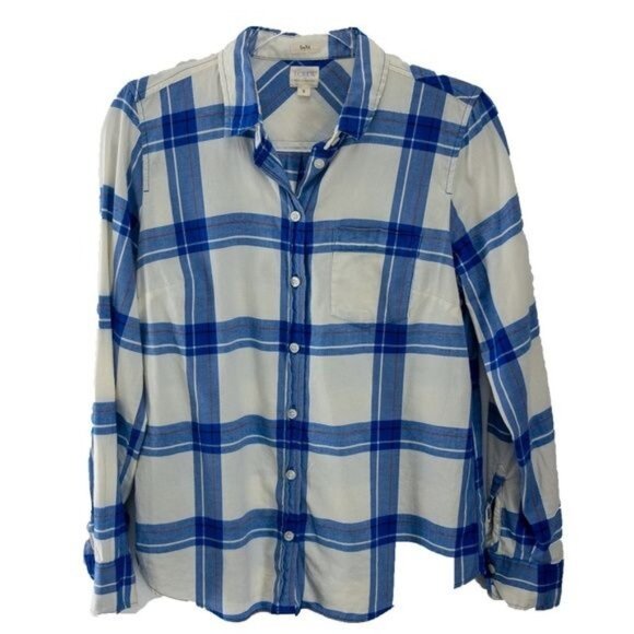 J.Crew Factory Ivory & Blue Plaid Flannel Shirt Boy Fit - Picture 1 of 3